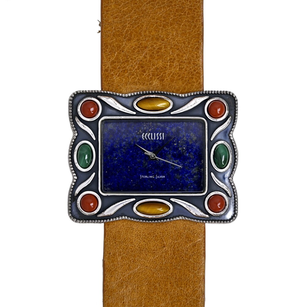 Ecclissi Rare Ladies Sterling Silver Beautiful Stone Bezel Genuine Brown Leather